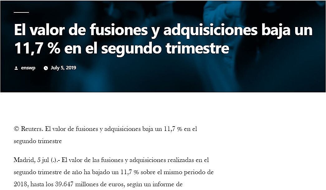 El valor de fusiones y adquisiciones baja un 11,7 % en el segundo trimestre